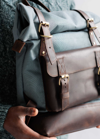 Функціональний рюкзак ручної роботи з бавовни та натуральної вінтажної шкіри коричневого кольору Boorbon (253145901)