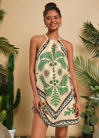 Кремова пляжна, кежуал сукня а-силует SHEIN з малюнком