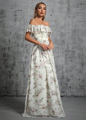 Молочное праздничный платье а-силуэт, с открытыми плечами SHEIN с цветочным принтом