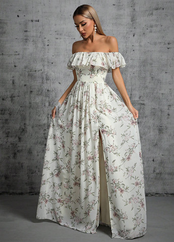 Молочное праздничный платье а-силуэт, с открытыми плечами SHEIN с цветочным принтом