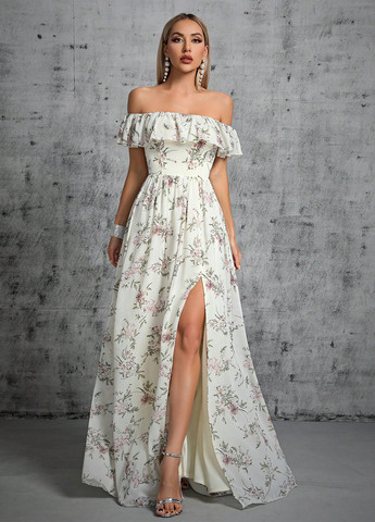 Молочное праздничный платье а-силуэт, с открытыми плечами SHEIN с цветочным принтом