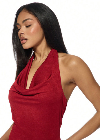 Червона святковий, коктейльна сукня з відкритою спиною SHEIN однотонна