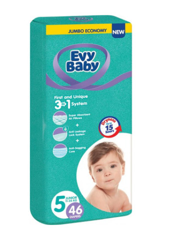 Підгузки дитячі одноразові гігієнічні Junior Jumbo 11-25 кг 46 шт 8690506520359 Evy Baby (253351619)