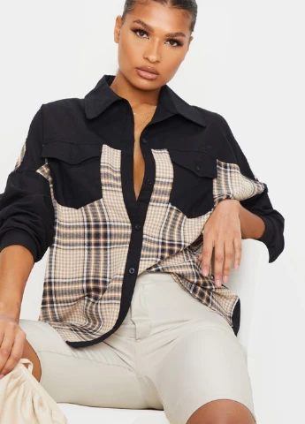 Черная кэжуал рубашка в клетку PrettyLittleThing