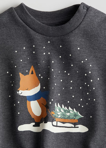 H&M свитшот новогодний темно-серый кэжуал хлопок, трикотаж с начесом