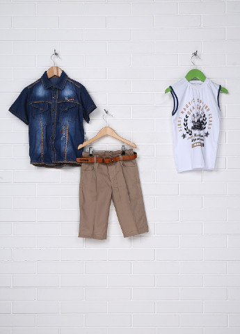 Джинсовый летний костюм (рубашка, футболка, бриджи, пояс) тройка Titi