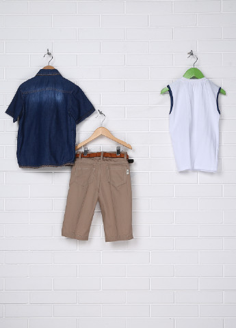 Джинсовый летний костюм (рубашка, футболка, бриджи, пояс) тройка Titi