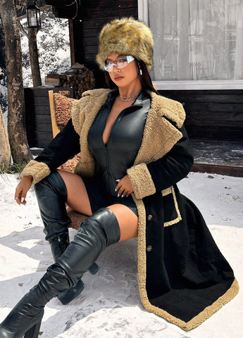 Чорне зимнє Пальто однобортне SHEIN