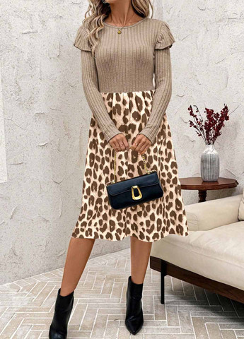 Світло-коричнева кежуал сукня кльош, сукня светр SHEIN леопардовий