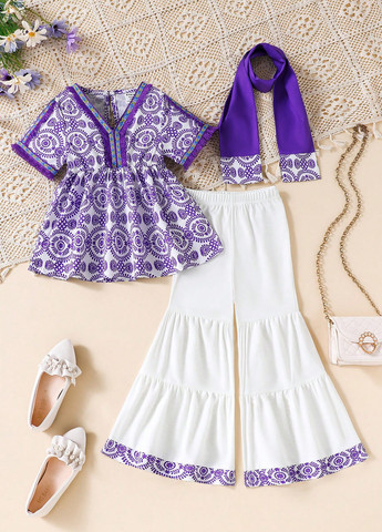 Комбинированный летний костюм (блуза, брюки, шарф) SHEIN