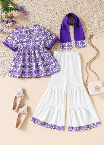 Комбинированный летний костюм (блуза, брюки, шарф) SHEIN