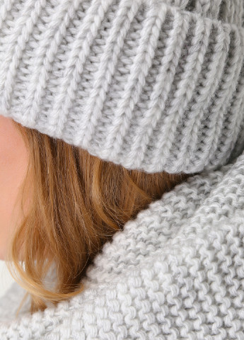 Тепла зимова вовняна жіноча шапка з відворотом на флісовій підкладці 500043 DeMari Мия біні однотонна сіра кежуал вовна
