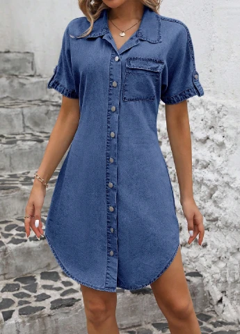 Синее джинсовое платье рубашка SHEIN однотонное