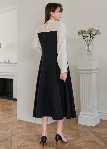 Черно-белое кэжуал платье а-силуэт SHEIN однотонное