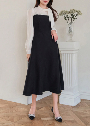 Черно-белое кэжуал платье а-силуэт SHEIN однотонное