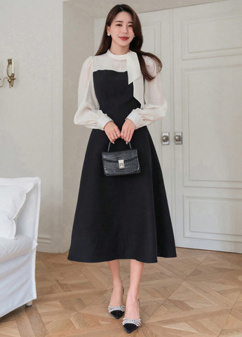 Черно-белое кэжуал платье а-силуэт SHEIN однотонное