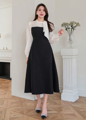 Черно-белое кэжуал платье а-силуэт SHEIN однотонное