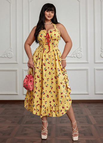 Желтое кэжуал платье клеш SHEIN с рисунком