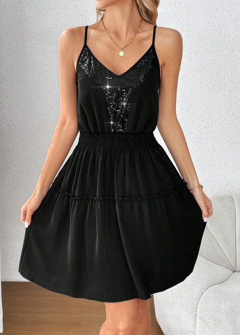 Чорна кежуал сукня сукня-майка, кльош SHEIN однотонна