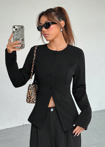 Черный женский жакет SHEIN однотонный - демисезонный
