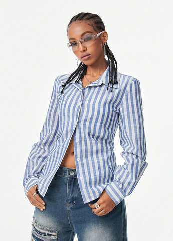 Синяя кэжуал рубашка в полоску SHEIN