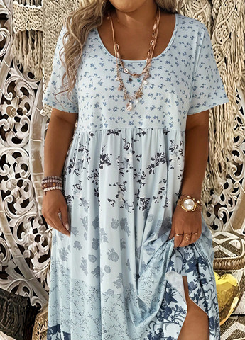 Светло-голубое кэжуал платье а-силуэт SHEIN с цветочным принтом