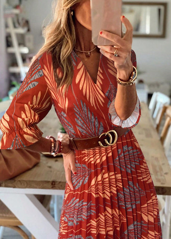 Темно-красное праздничный, вечернее, кэжуал платье а-силуэт, плиссированное SHEIN с рисунком