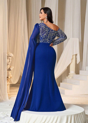 Синее праздничный, вечернее платье со шлейфом, а-силуэт SHEIN с абстрактным узором