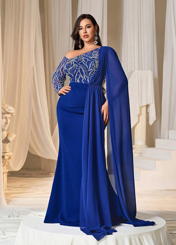 Синее праздничный, вечернее платье со шлейфом, а-силуэт SHEIN с абстрактным узором