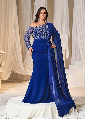 Синее праздничный, вечернее платье со шлейфом, а-силуэт SHEIN с абстрактным узором