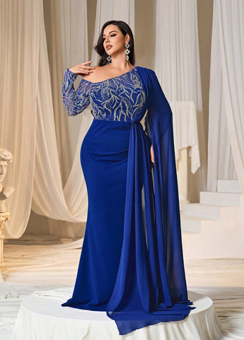 Синее праздничный, вечернее платье со шлейфом, а-силуэт SHEIN с абстрактным узором