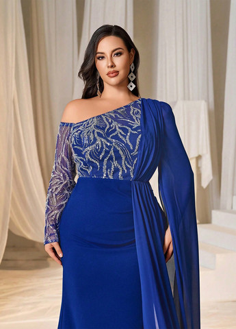 Синее праздничный, вечернее платье со шлейфом, а-силуэт SHEIN с абстрактным узором