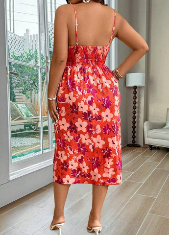 Оранжевое кэжуал платье с открытой спиной SHEIN с цветочным принтом