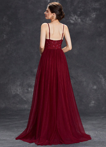 Бордовое вечернее, праздничный платье с пышной юбкой, а-силуэт, с открытой спиной SHEIN однотонное