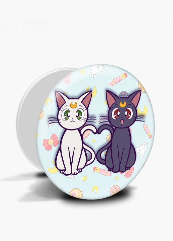 Попсокет (Popsockets) тримач для смартфону Місяць Кішки Сейлор Мун (anime Sailor Moon Cats) (8754-2849) Чорний MobiPrint (221548574)