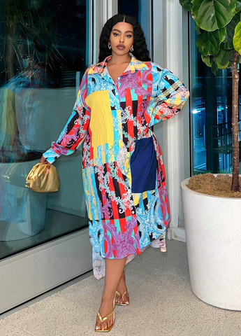 Блакитна святковий, кежуал сукня сукня-сорочка, а-силует SHEIN з геометричним візерунком