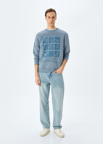 Серо-голубой свитшот KOTON рисунок без декора (362160136)