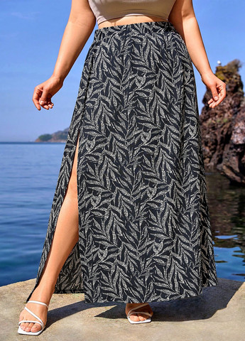 Черная кэжуал с рисунком юбка SHEIN клешированная