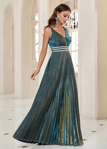 Темно-зелена вечірня сукня плісована, з відкритою спиною SHEIN однотонна