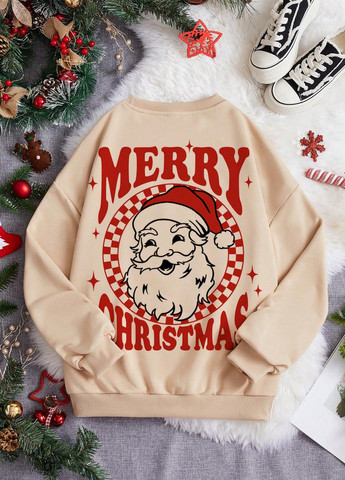 Бежевий світшот SHEIN новорічний без декору (365779487)