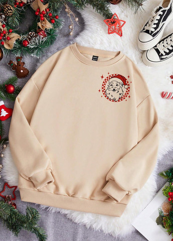 Бежевий світшот SHEIN новорічний без декору (365779487)