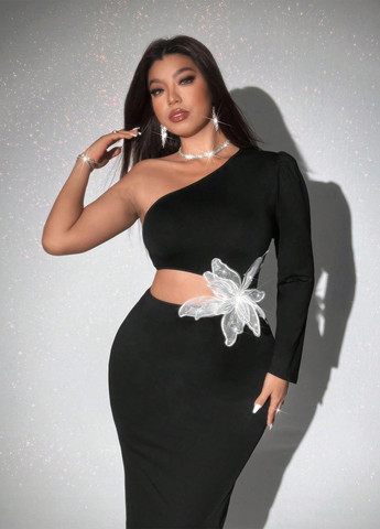 Чорна святковий, вечірня сукня на одне плече SHEIN однотонна