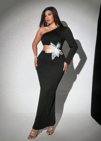 Чорна святковий, вечірня сукня на одне плече SHEIN однотонна