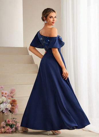 Темно-синя вечірня сукня кльош SHEIN однотонна