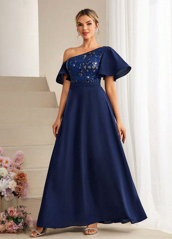 Темно-синя вечірня сукня кльош SHEIN однотонна