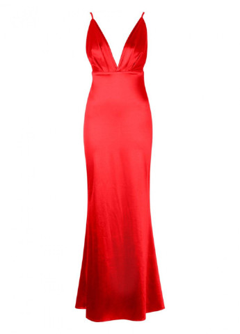 Красное вечернее платье с открытой спиной Boohoo однотонное