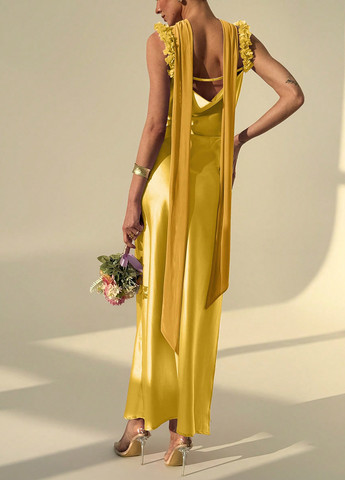 Желтое вечернее платье силуэтная, с открытой спиной SHEIN однотонное
