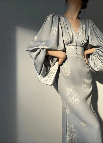 Блакитна вечірня сукня в стилі армпір SHEIN з квітковим принтом