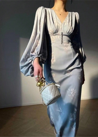 Блакитна вечірня сукня в стилі армпір SHEIN з квітковим принтом