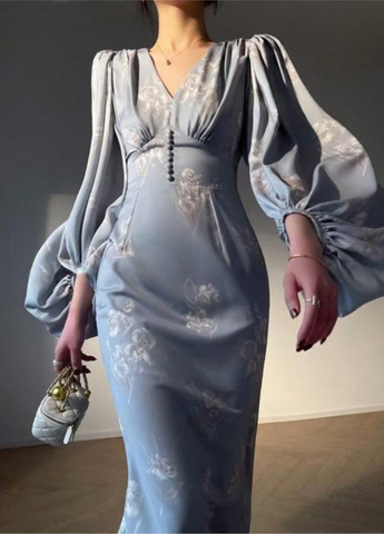 Блакитна вечірня сукня в стилі армпір SHEIN з квітковим принтом